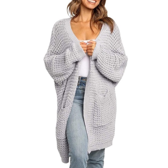 Sweaters - Oversized Long Batwing Sleeve Cardigan Waffle Knit Sweater Light Gray